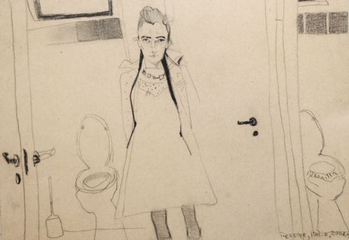 Neonilla Medvedeva - Self-portrait in red skirt (Fierenze) - paper, charcoal - A4  21 x 29,5 - 2008